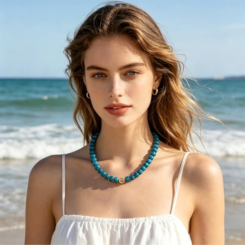 Chunky Heart Necklaces for Women Colorful Resin Beaded Necklaces for Women Gold Puffy Heart Statement Necklace Trendy Acrylic Choker Jewelry Gift - color: B-Lake Blue