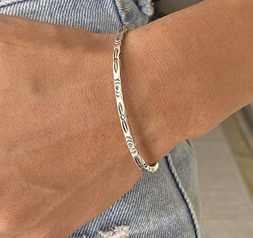 Sterling Silver Boho Floral Cuff Bracelet, Handmade Thin Delicate Squarish Bangle with oxidized flowers engraving, adjustable, Gift for Her