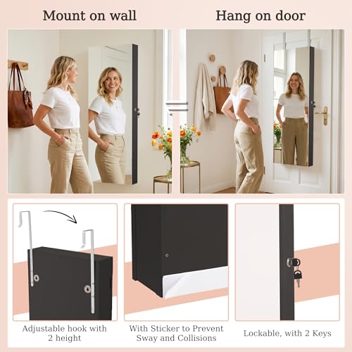 Unisakey Mirror Jewelry Cabinet,Lockable Wall or Door Mounted Jewelry Armoire Organizer With Built-up Mirror,LED Lights, Drawers,Cosmetic Trays,Shelves, 14.4"x3.15"x 43.1"（Black） | Door or Wall Mount Flexible,Drawers Cosmetic Trays Shelves Inside,Built-in