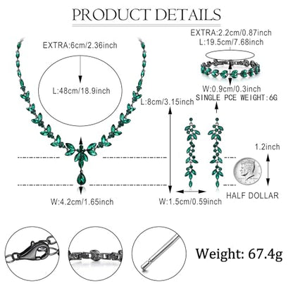 EVER FAITH Marquise Crystal Leaf Bridal Prom Jewelry Set for Women Bride | Rhinestone Wedding Party Necklace Dangle Earrings Tennis Bracelet, for Bridesmaid - color: Green Black-Tone