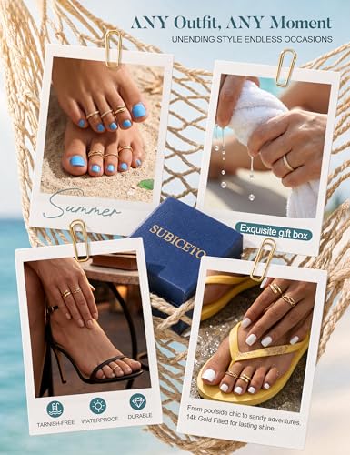 Subiceto 6 Pcs 14K Gold Filled Toe Rings for Women Non Tarnish Dainty Open Adjustable Toe Ring Set Stackable Cz Hypoallergenic Beach Summer Foot Jewelry for Women - color: wide 14k gold plated