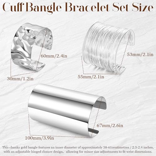 3PCS Chunky Cuff Bracelets for Women Irregular Minimalist Statement Bangle Bracelets Set Open Wide Wire Grooved Hammered Bangle Bracelet Gold Sliver Wrist Cuff Wrap Bracelet Adjustable - color: Silver Cuff Bracelets B