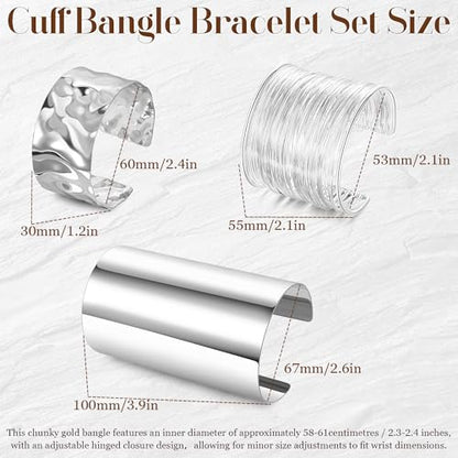 3PCS Chunky Cuff Bracelets for Women Irregular Minimalist Statement Bangle Bracelets Set Open Wide Wire Grooved Hammered Bangle Bracelet Gold Sliver Wrist Cuff Wrap Bracelet Adjustable - color: Silver Cuff Bracelets B