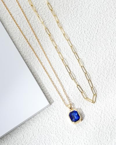 Gold Layered Necklaces for Women, 18k Gold Plated Crystal Necklace Paperclip Choker Emerald Green Jewelry for Women Gifts - color: Royal Blue
