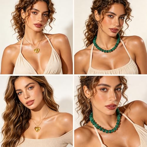 YUJIE Chunky Heart Pendant Necklace for Women- Exaggerated Statement Puff Heart Necklace with Acrylic Beaded Chain - color: B-GREEN