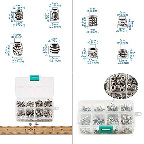 Craftdady 190Pcs Antique Silver Spacer Beads 8 Styles Tibetan Large Hole Column Tube Barrel Metal Charm Beads Hole: 4-5mm Fit European Charm Snake Chain Bracelet Jewelry Making - color: 8 Styles, 190Pcs, Antique Silver