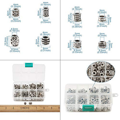 Craftdady 190Pcs Antique Silver Spacer Beads 8 Styles Tibetan Large Hole Column Tube Barrel Metal Charm Beads Hole: 4-5mm Fit European Charm Snake Chain Bracelet Jewelry Making - color: 8 Styles, 190Pcs, Antique Silver