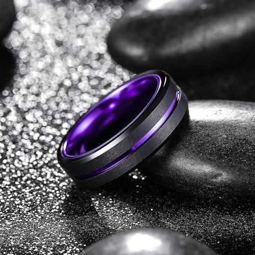 King Will Mens Tungsten Rings for Men Two Tone Grooved Mens Wedding Band Cool - color: Purple 6mm