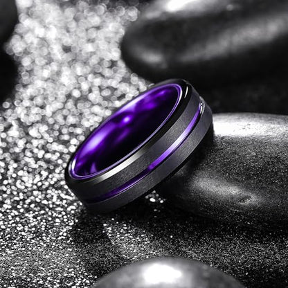 King Will Mens Tungsten Rings for Men Two Tone Grooved Mens Wedding Band Cool - color: Purple 6mm