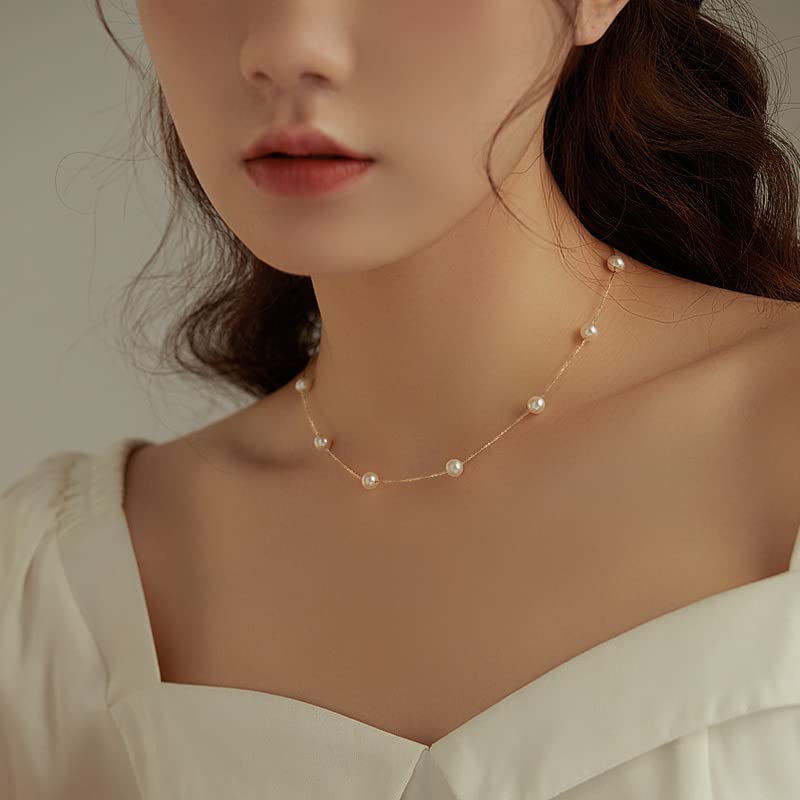 Trinckle Pearl Necklaces for Women, Pearl Choker Dainty Pendant Necklace | White Pendant Choker for Teen Girls, Layered Daisy Jewelry, Wedding Strands for Bride Bridesmaids as Beach Summer Accessories - style: Gold Pearl Necklace