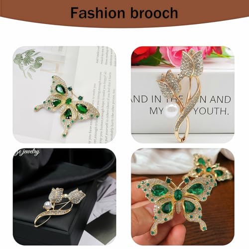 2pcs Rhinestone Brooch Pin for Women Dress Elegant Stylish Crystal Brooches Fashion Accessories Pins Lapel Boutonniere Ideas Wedding Christmas Birthday Jewelry Easter Gift - color: 13 Green Butterfly/Gold