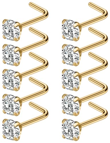 Cisyozi 18G Nose Rings Studs Hypoallergenic Nose Piercings 316L Surgical Steel Silver Nose Rings Set L Shaped Nose Nostril Piercing Jewelry for Women Men Diamond CZ 1.5mm 2mm 2.5mm 3mm 3.5mm 4mm - color: 18G - Gold- CZ 3.5mm