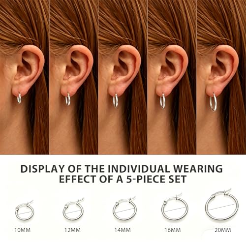 5 Pairs Silver Gold Small Hoop Earrings for Women Surgical Steel Huggie Set | 10 12 14 16 20 mm, Lightweight, Hypoallergenic, 14K Gold Plated 316L Stainless Steel Jewelry, Multiple Piercing - color: Silver/5 Pairs