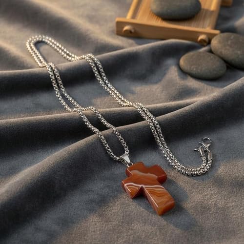 Justinstones 32mm Gemstone Carved Cross Reiki Chakra Pendant With Stainless Steel Necklace 22 Inch - color: Red Agate