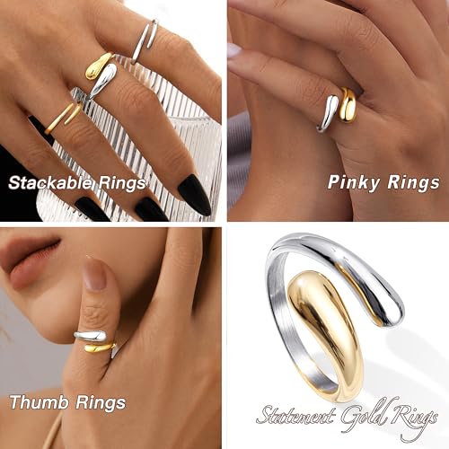 Non Tarnish Gold Chunky Rings for Women, 14K Gold Plated Statement Dome Rings Stacking Silver, Adjustable Mens Eternity Wedding Band Mixed Metal Jewelry Size 3-13 - color: Silver & Gold, size: 5, style: Open Twist Band