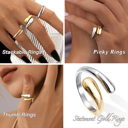Non Tarnish Gold Chunky Rings for Women, 14K Gold Plated Statement Dome Rings Stacking Silver, Adjustable Mens Eternity Wedding Band Mixed Metal Jewelry Size 3-13 - color: Silver & Gold, size: 5, style: Open Twist Band