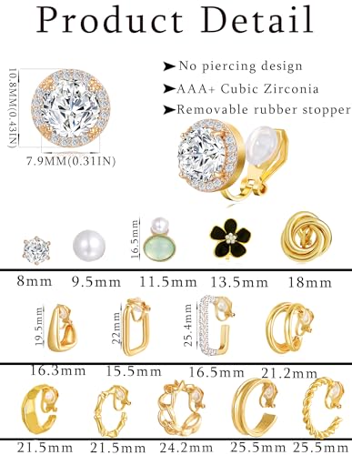 15 Pairs Clip on Earrings for Women Chunky Hoop Clip Earring Round CZ Twist Simulated Pearl Flower Knot No Piercing Fake Stud Earrings Sets Jewelry Gifts Silver Gold Plated - color: A: Gold