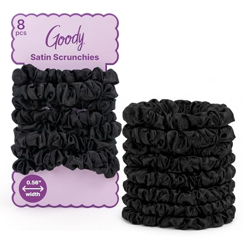 Goody Ouchless Skinny Satin Scrunchies, Frizz Fighting, No Damage Scrunchies, Gentle, Secure & Creaseless Hair Ties for Day and Overnight, All Hair Types, Gifts for Women & Girls, 8 Ct, Black - color: Black