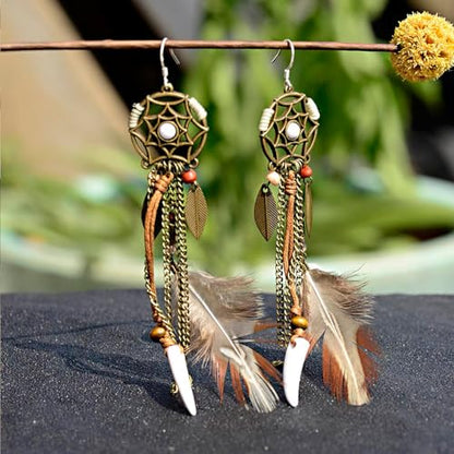 2 Pairs Brown Dream Catcher Feather Earrings for Women Bohemian Vintage Tassel Drop Dangle Earrings Ethnic Long Fringe Dreamcather Earring for Women Ear Jewelry - QC