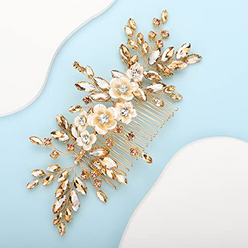 Bridal White Flower Champagne Gold Crystal Rhinestone Hair Comb for Bride Bridesmaid Sliding side Headpieces Wedding Hair Accessories for Women and Girls (Champagne gold) - color: Champagne gold