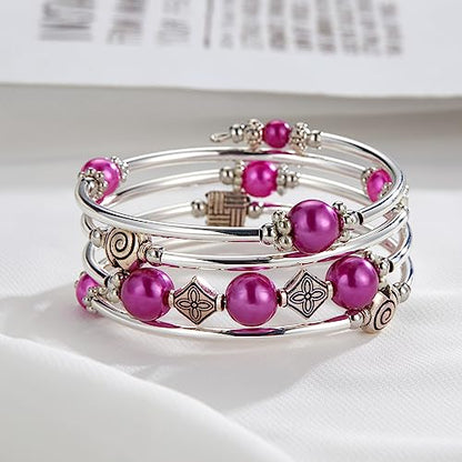Beaded Pearl Bangle Wrap Bracelet - Fashion Bohemian Jewelry Multilayer Charm Bracelet with Thick Silver Metal Beads, Gift For Women - color: Fuchsia