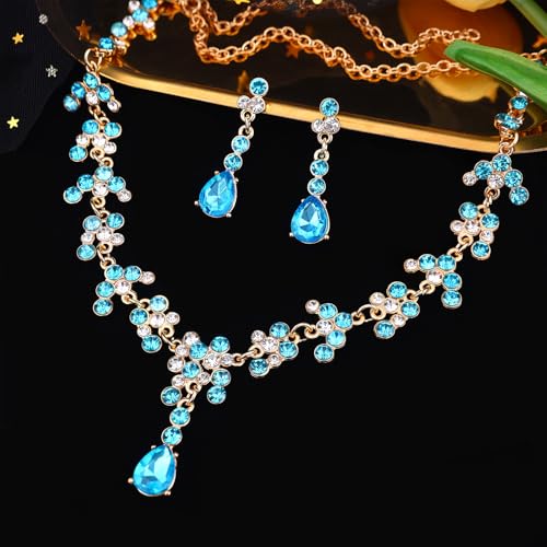 Crystal Crown and Tiara Jewelry Set for Women Bride with Necklace Earrings | Metal Rhinestone Royal Queen Princess Jewelry Set Wedding Quinceanera Pageant Prom Birthday Halloween Party Costume Gift - color: Light Blue