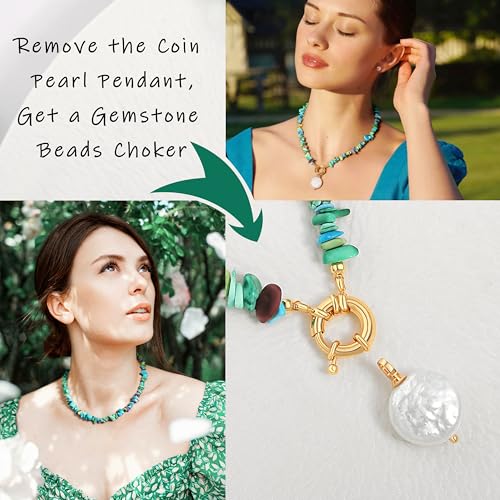 Aobei Pearl 18K Gold Plated Pendant Necklace for Women Dainty Gold Chain Choker Love Heart Disc Coin Pearl Cross Toggle Jewelry - style: Colorful Turquoise Coin Pearl