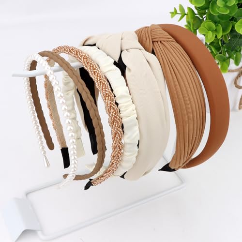 7 Pack Headband for Women Girls Cute Headbands for Women Cute Pearl Beads Solid Knotted Diademas para Mujer de Moda Cute Hair Accessories - color: Neutral