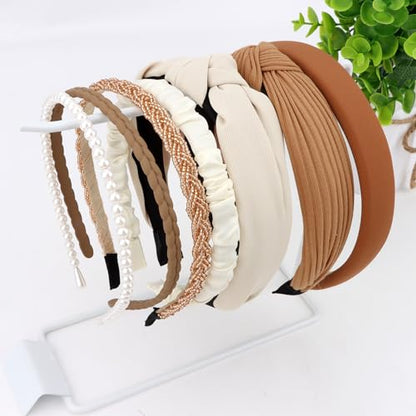 7 Pack Headband for Women Girls Cute Headbands for Women Cute Pearl Beads Solid Knotted Diademas para Mujer de Moda Cute Hair Accessories - color: Neutral