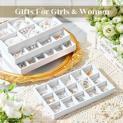 12 Pcs Jewelry Tray Velvet Stackable Jewelry Organizer Trays Divided Earring Accessories Storage Containers Box (Rose Red) - color: White