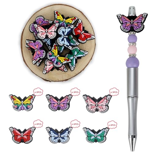 14pcs Butterfly Silicone Focal Beads for pens | Focal Beads for Keychain Making,Pens,Bracelet,Necklace Crafts,Bulk Silicone Beads for DIY（Butterfly ） - color: butterfly