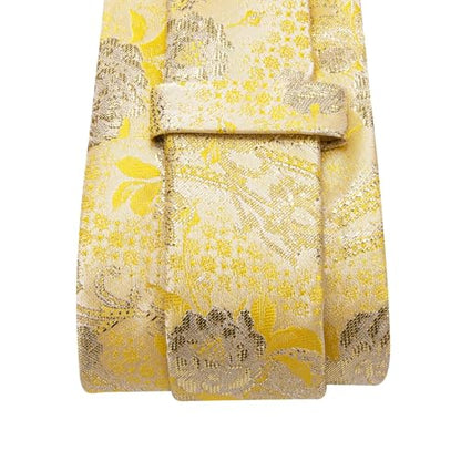 Dubulle Mens Paisley Striped Tie Woven Necktie for Men and Handkerchief Cufflinks Set Wedding Formal Business - color: C Yellow