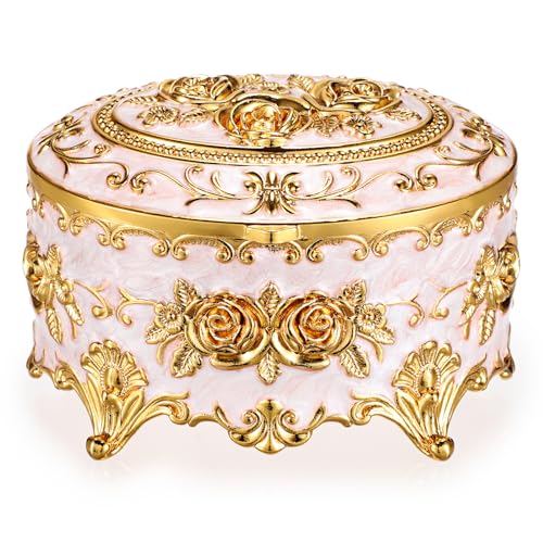 Hipiwe Vintage Metal Jewelry Box - Oval Trinket Organizer Ring Box Case | Jewelry Storage Box with Rose Pattern for Ring Earrings Necklace, Gift for Women - color: Beige