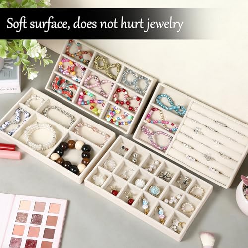 8 PCS Velvet Jewelry Trays, Stackable Jewelry Organizer Trays for Drawer | Multi Grid Earring Tray for Storing Necklaces, Rings, Earrings, Dressing Tables and Drawers-4 Styles, 8.3 x 4.9 Inch