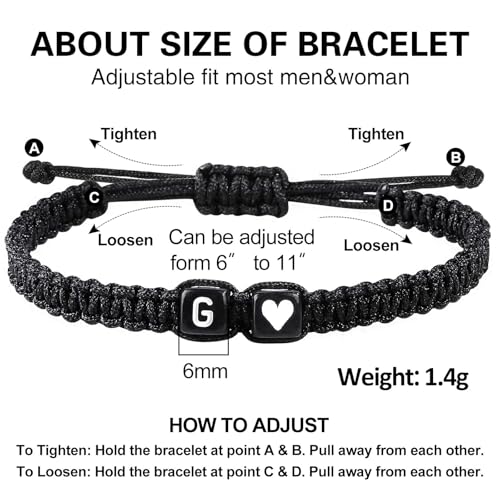 Valentines Day Gifts for Him Her Heart Love Letter Initial Matching Couple Bracelets for Women Men Teen Gifts Best Friend Graduation Birthday Gifts A-Z Braided Bracelet Son Daughter Dad Jewelry - color: Black-G