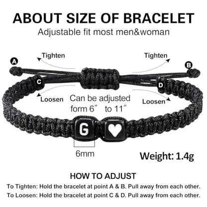 Valentines Day Gifts for Him Her Heart Love Letter Initial Matching Couple Bracelets for Women Men Teen Gifts Best Friend Graduation Birthday Gifts A-Z Braided Bracelet Son Daughter Dad Jewelry - color: Black-G