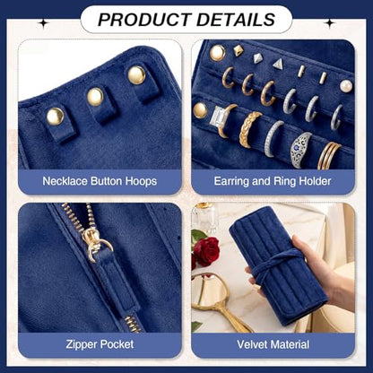 Tondiamo 1 Pcs Velvet Jewelry Roll Luxury Travel Jewelry Case for Ring Necklace Earring Bracelet Storage Bag Women Bridesmaid Gift (Navy Blue) - color: Navy Blue