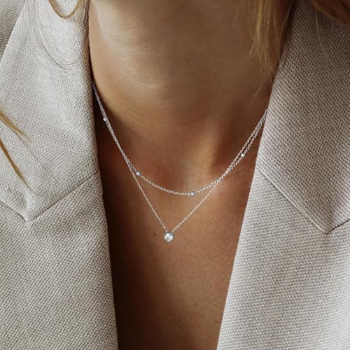 Layered Choker Necklace for Women Stackable Chain Dainty Zircon Pendant Set | 2PCS, Silver/14K Gold Plated, Box/Ball/Rope/Lip chain, Layering Diamond Cut CZ Pendant, Dainty Thin Chain, Trendy Prom Gift - color: Silver, style: Style 01
