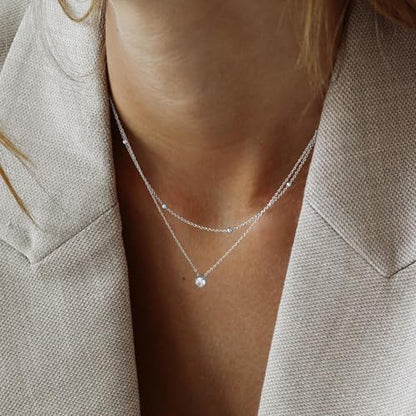 Layered Choker Necklace for Women Stackable Chain Dainty Zircon Pendant Set | 2PCS, Silver/14K Gold Plated, Box/Ball/Rope/Lip chain, Layering Diamond Cut CZ Pendant, Dainty Thin Chain, Trendy Prom Gift - color: Silver, style: Style 01