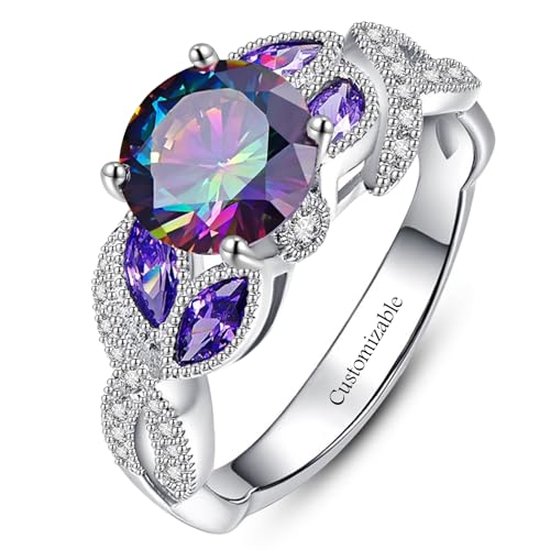 Yaresul 3.6ct 925 Sterling Silver Created Women's Rainbow Topaz|Sapphire|Aquamarine Ring Women Engagement Rings Bezel Setting Marquise Fashion Statement Ring Best Gift for Mother and Grandma Size 5-9 - color: F-Customized Birthstone/Metal Type