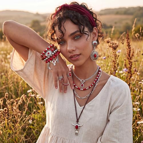 Ecally Bohemian Western Jewelry Turquoise Set Women Country Pendant Long Choker Layered Bracelets Earrings Ring for Women - color: Red, style: Layered