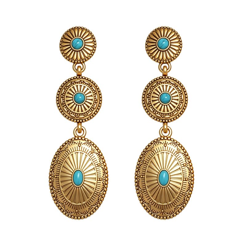 Boho Western Earrings for Women Western Feather Earrings Vintage Concho Turquoise Teardrop Dangle Earrings Country Concert Jewelry Accessories - style: Gold Turquoise Dangle