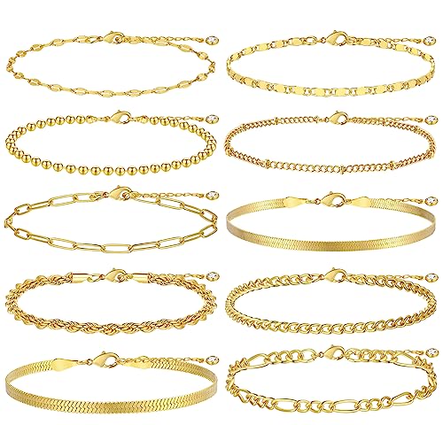 Gold Bracelets Set for Women Trendy, 14K Real Gold Plated Jewelry for Women Dainty Chain Bracelet Stack, Non Tarnish Gold Stackable Bracelets Pack Fashion Accessories Gifts - color: Style2-gold