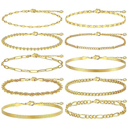 Gold Bracelets Set for Women Trendy, 14K Real Gold Plated Jewelry for Women Dainty Chain Bracelet Stack, Non Tarnish Gold Stackable Bracelets Pack Fashion Accessories Gifts - color: Style2-gold