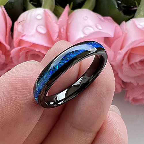 TUTISS 4mm Silver/Black Tungsten Rings for Women Men Engagement Wedding Bands Genuine Blue Green Galaxy Opal Inlay Domed Polished Comfort Fit - color: 4mm Black Tungsten Blue Opal
