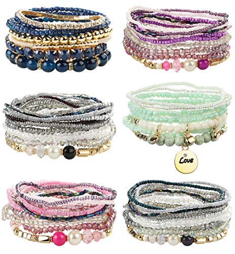 FIBO STEEL 6 Sets Bohemian Stackable Bead Bracelets for Women Stretch Multilayered Bracelet Set Multicolor Boho Jewelry