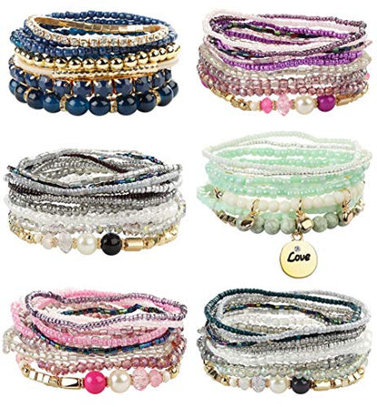 FIBO STEEL 6 Sets Bohemian Stackable Bead Bracelets for Women Stretch Multilayered Bracelet Set Multicolor Boho Jewelry