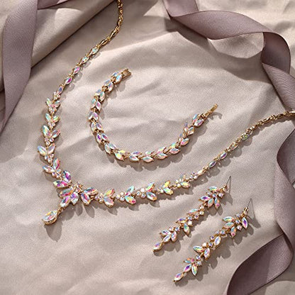 EVER FAITH Marquise Crystal Leaf Bridal Prom Jewelry Set for Women Bride | Rhinestone Wedding Party Necklace Dangle Earrings Tennis Bracelet, for Bridesmaid - color: Iridescent Clear AB Gold-Plated-Base