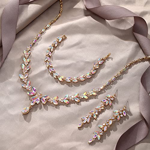 EVER FAITH Marquise Crystal Leaf Bridal Prom Jewelry Set for Women Bride | Rhinestone Wedding Party Necklace Dangle Earrings Tennis Bracelet, for Bridesmaid - color: Iridescent Clear AB Gold-Plated-Base