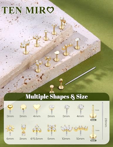 TEN MIRO Flat Back Stud Cartilage Earring for Women Tragus Piercing Jewelry | 16G 18G 20G Hypoallergenic Earrings, Gold Silver Surgical Steel Nose Studs Internal Thread Conch Ring, Helix Piercing Jewelry - color: Gold, size: 18G(1.0mm),6mm